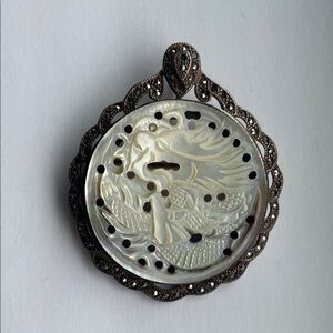 Elegant Sterling Silver Marcasite and Mother of Pearl Pendant / Brooch